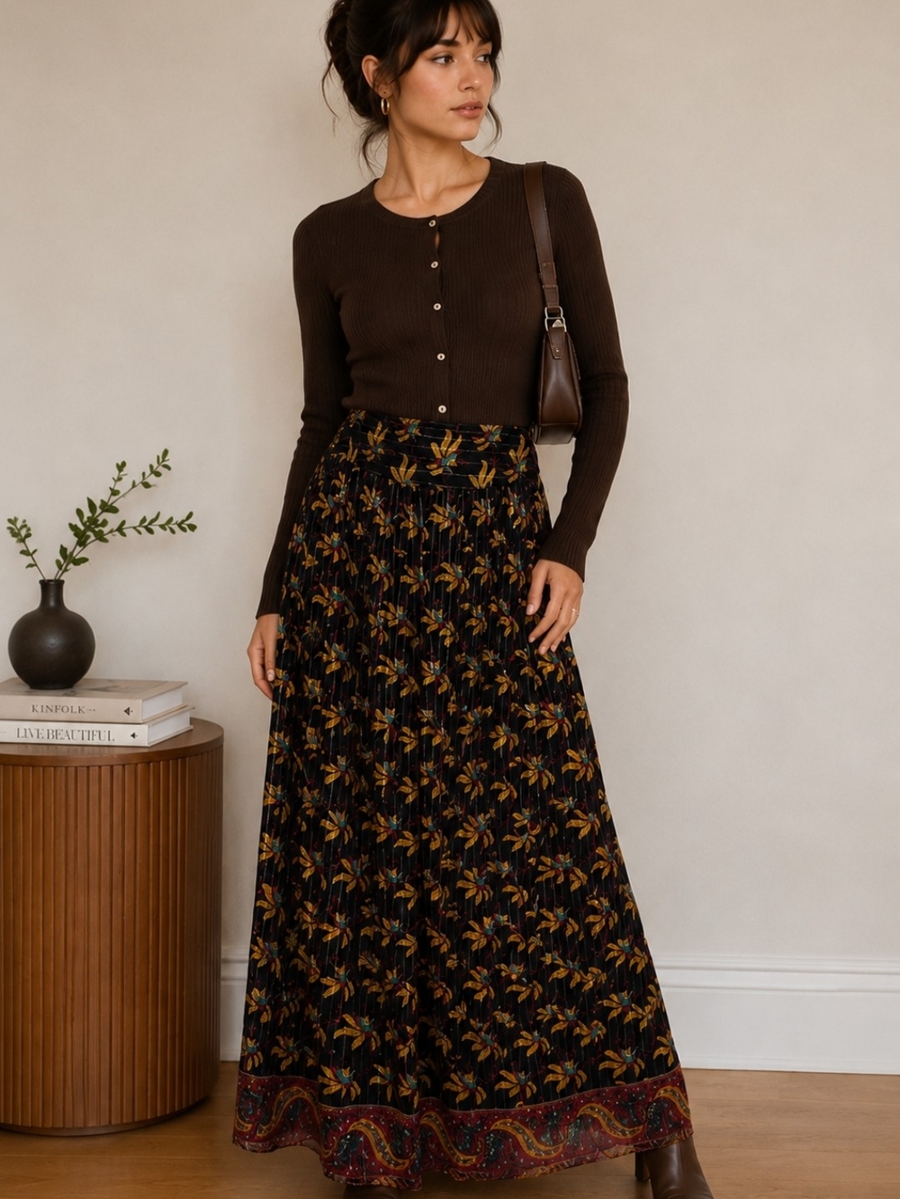 What Goes Around Comes Around Silk And Metallic Thread Black Floral Maxi Skirt